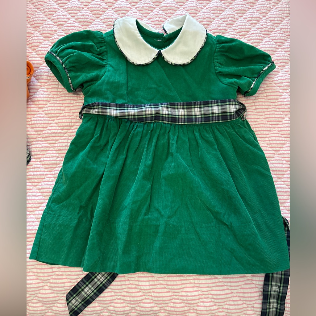 Green Corduroy Dress With Plaid Bow